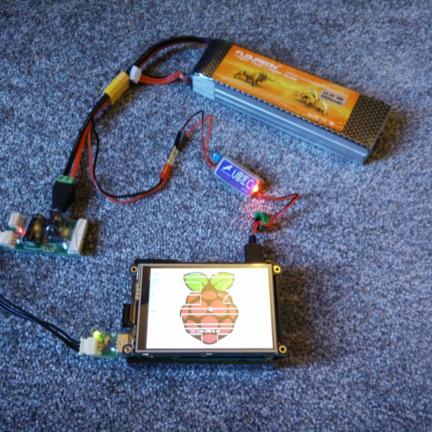 5500 mAh LiPo battery powering Raspberry Pi 2 and Robotis hardware.